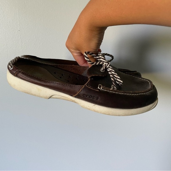 Crocs Brown Leather Slip on Mules Boat Comfort Slides Size 9 - Picture 3 of 11